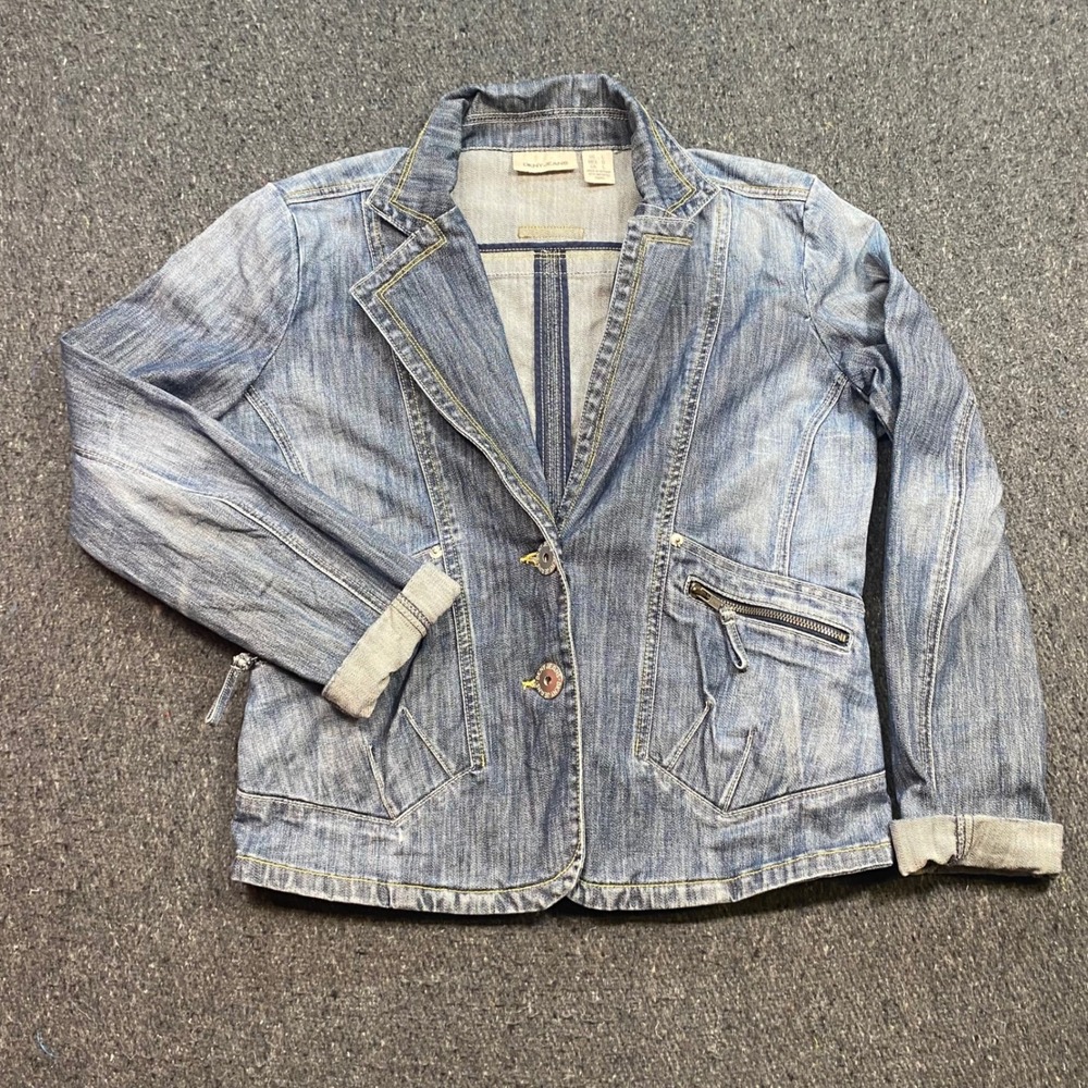 DKNY Jeans Denim Blazer Sz L Womens Blue Y2K Utility Zipper Pocket Jean Jacket